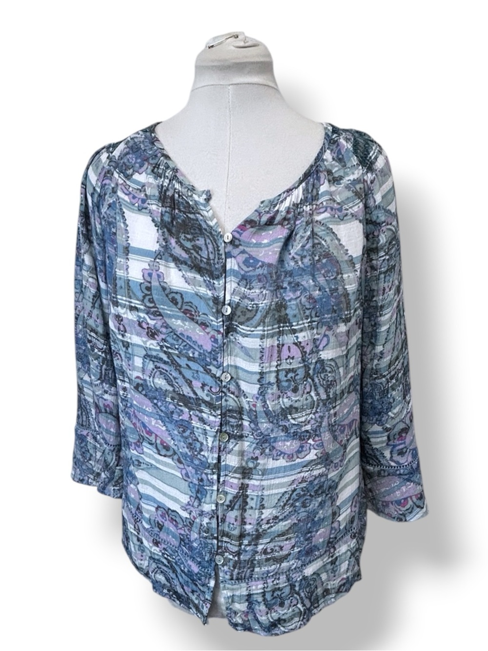 New Directions Women’s 3/4 Sleeve Button-Front Shirt Lace Paisley Blue/Purple XL
